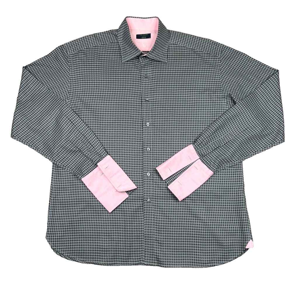 Ted Baker Archive Button Down Folded Long Sleeve Black / Gray / Pink Size 17.5